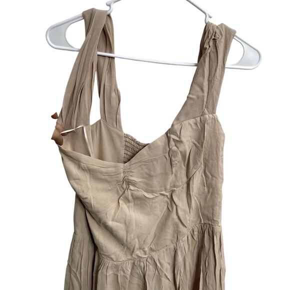 Reformation Ruched Bodice Smocked Beige Midi Dress Size 10 Minimalist Bridesmaid - Picture 4 of 5